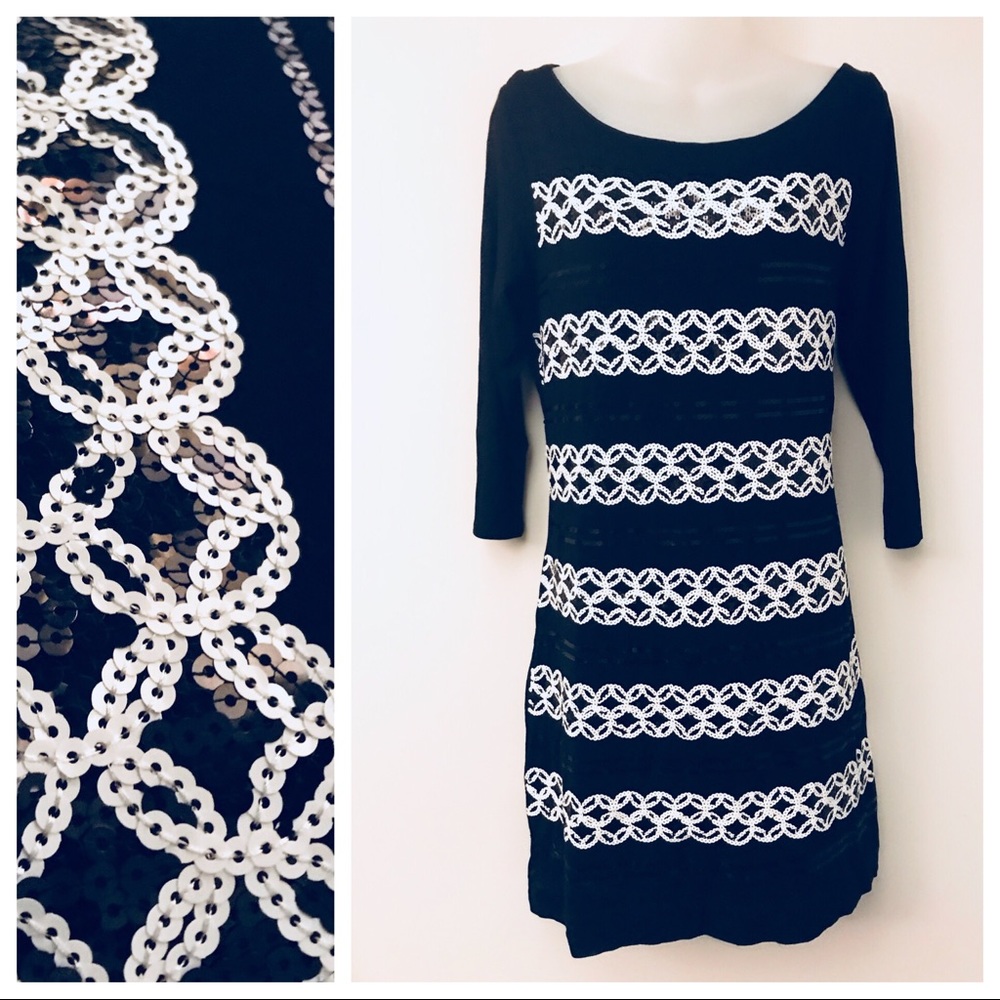 WHBM boatneck B&W dress with matte sequins sz M